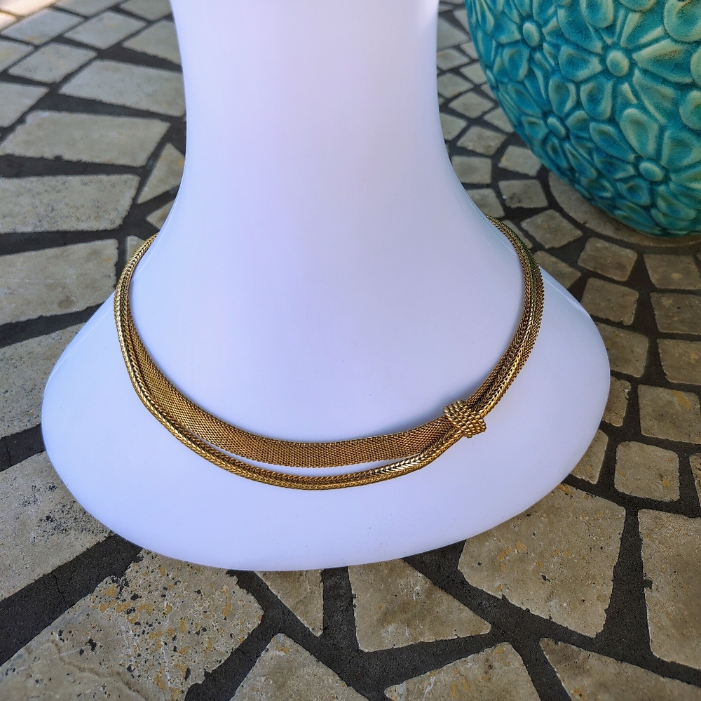 Vintage Napier Goldtone Choker Necklace Double Strand Mesh And Rope Chain Choker